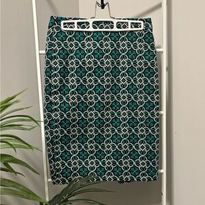 J. Crew Teal and White Geometric Pencil Skirt
